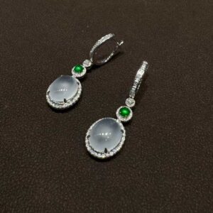 天然A貨緬甸翡翠耳墜 高冰白冰蛋面 18K金鑲鑽 辣綠配石耳飾女送禮