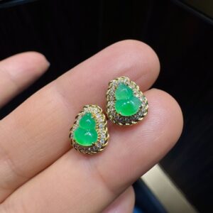 天然緬料高冰陽綠翡翠葫蘆耳釘