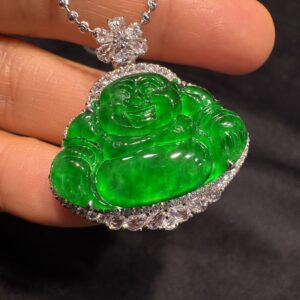 天然緬料老坑冰種辣綠翡翠佛公