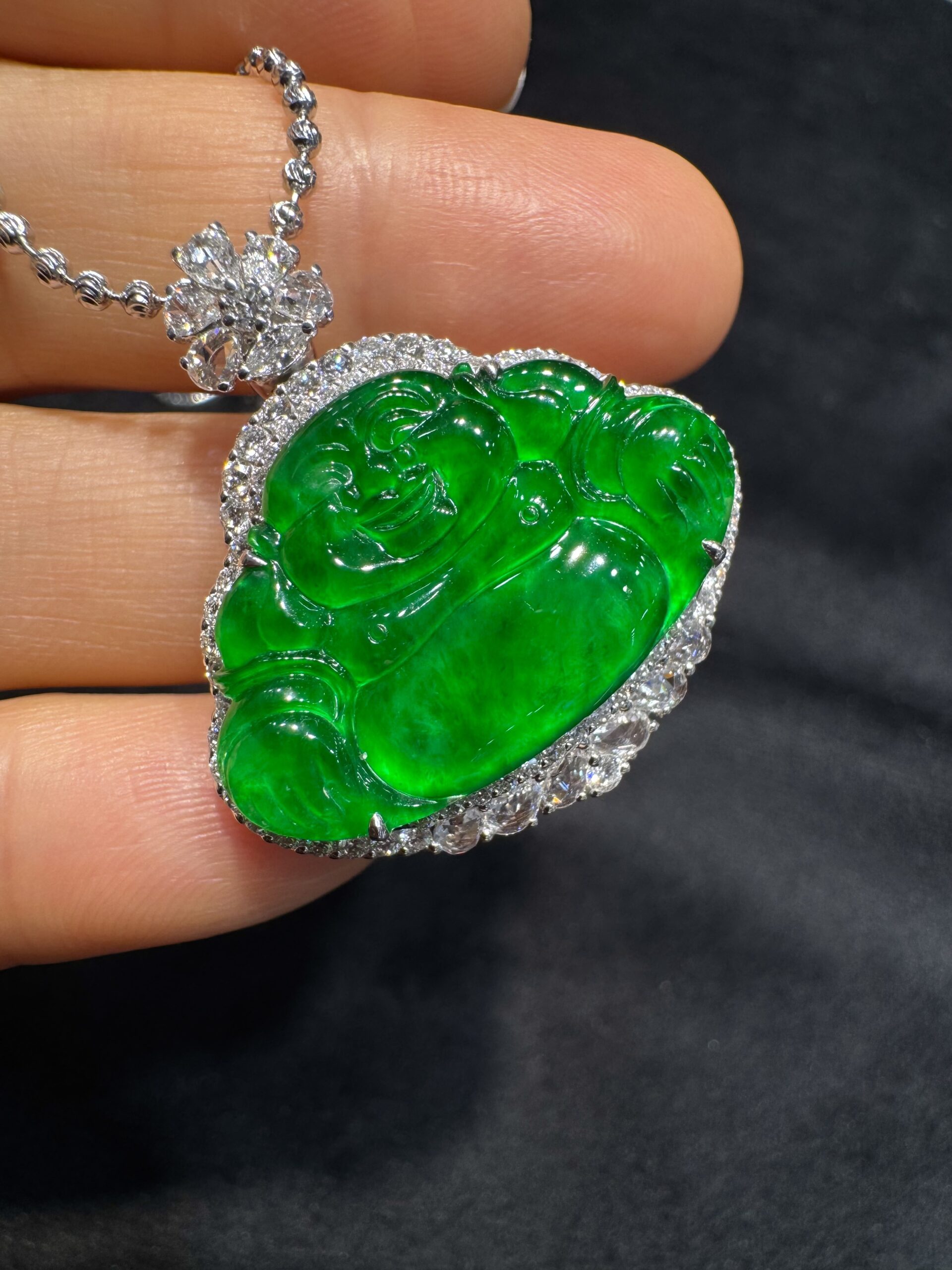 天然緬料老坑冰種辣綠翡翠佛公 - 图片 5