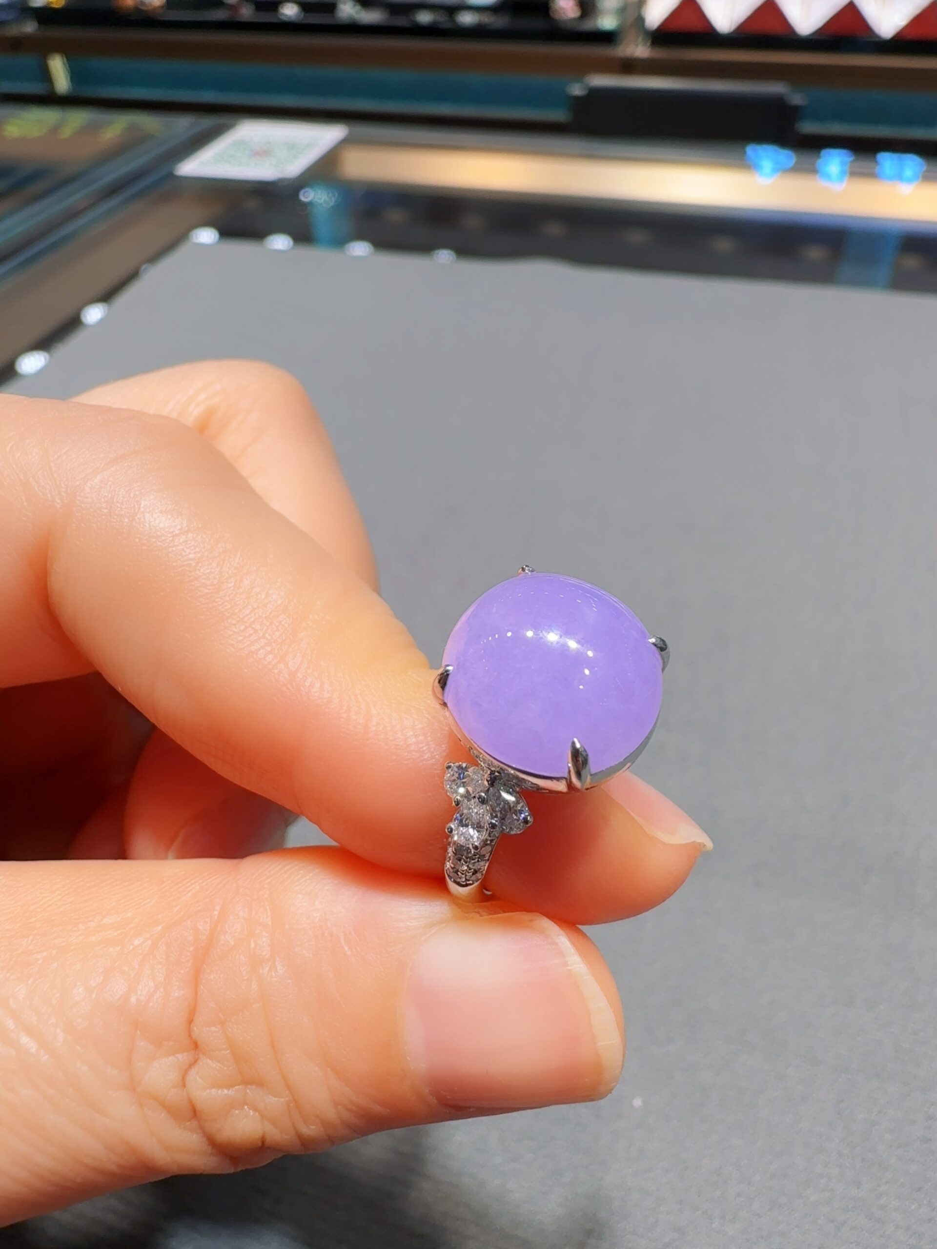 天然緬料老坑冰糯種紫羅蘭翡翠戒指 - 图片 5