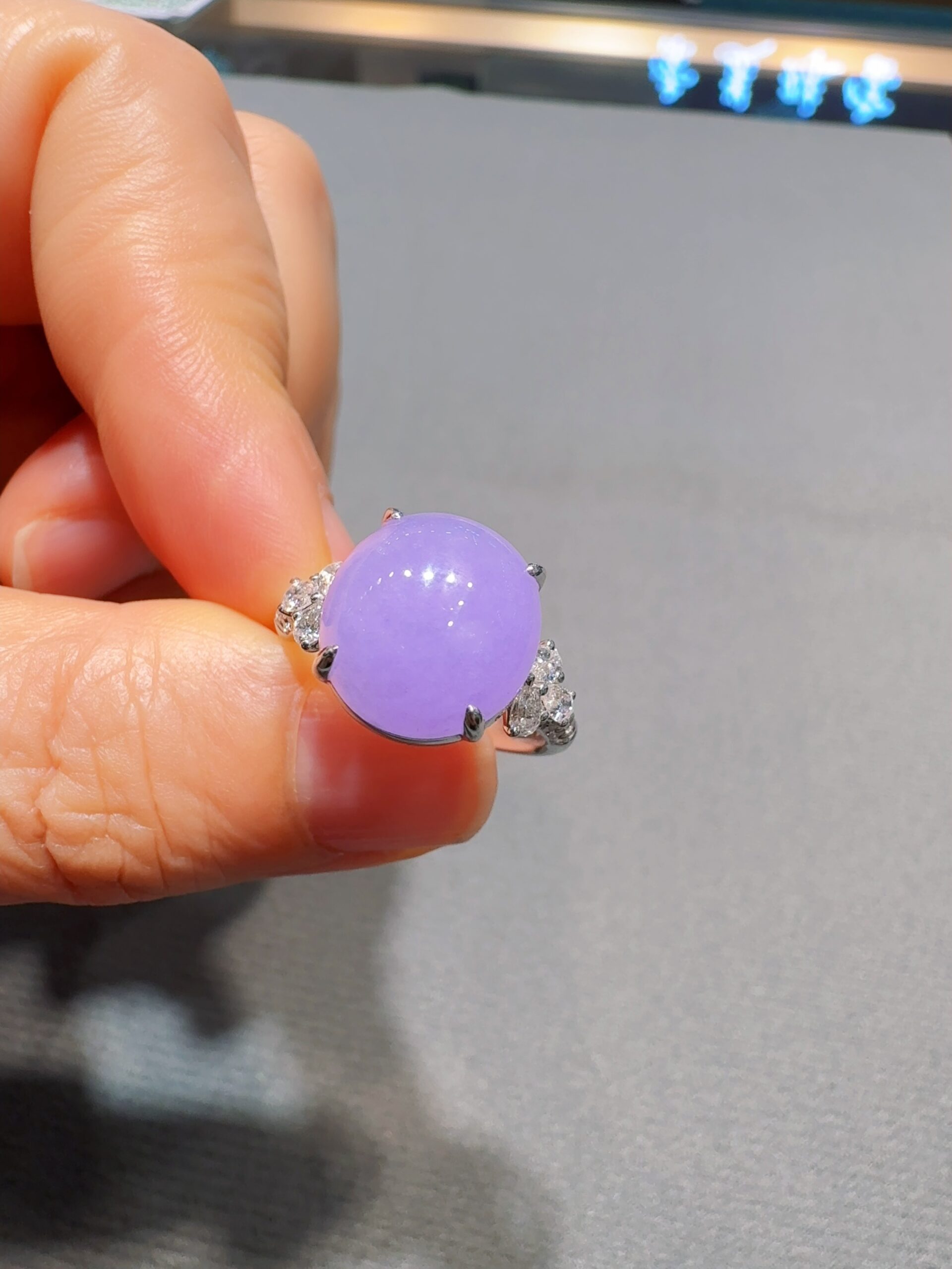 天然緬料老坑冰糯種紫羅蘭翡翠戒指 - 图片 4