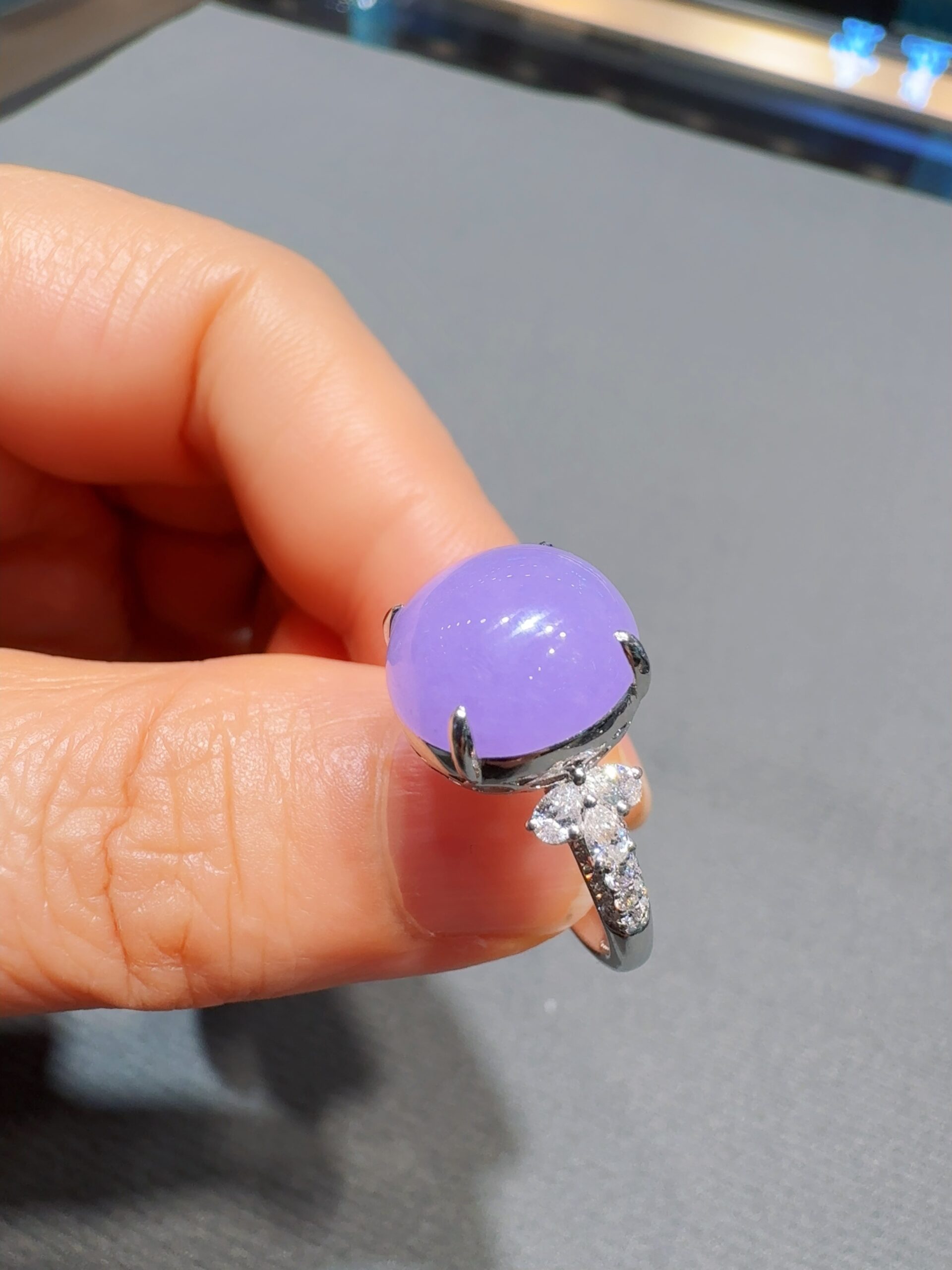 天然緬料老坑冰糯種紫羅蘭翡翠戒指 - 图片 3