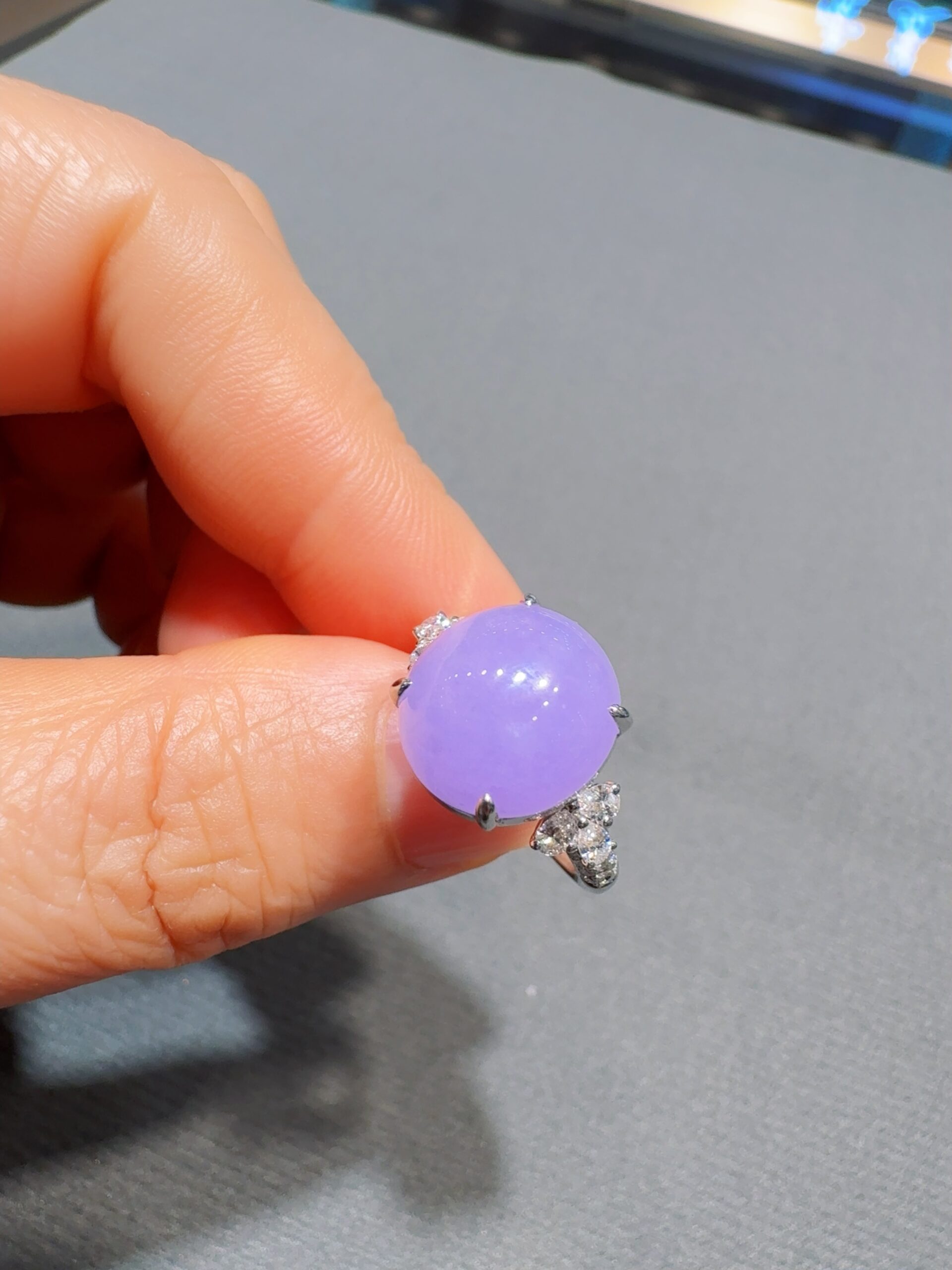 天然緬料老坑冰糯種紫羅蘭翡翠戒指 - 图片 2